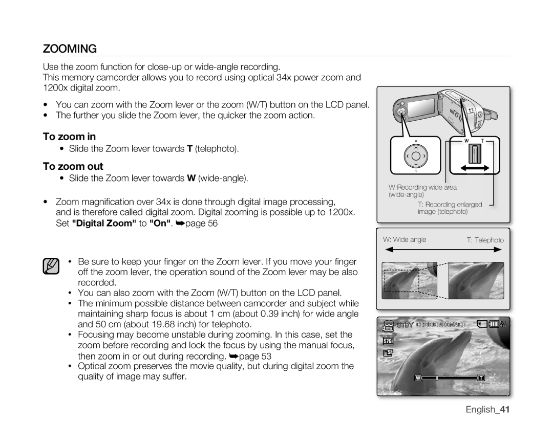 Samsung VP-MX10/UMG, VP-MX10H/XEF, VP-MX10/XEF, VP-MX10AH/XEF, VP-MX10P/XEF Zooming, Slide the Zoom lever towards T telephoto 