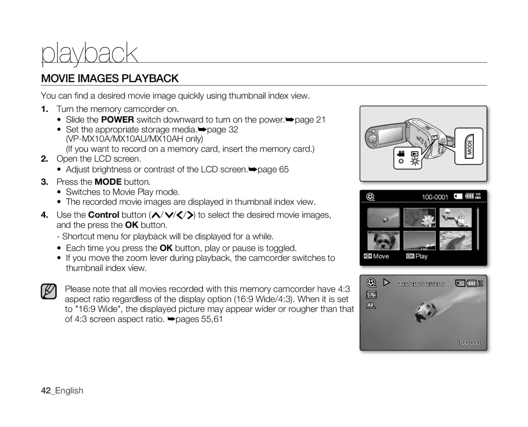 Samsung VP-MX10A/MEA, VP-MX10H/XEF, VP-MX10/XEF, VP-MX10AH/XEF, VP-MX10AU/XEF, VP-MX10P/XEF manual Movie Images Playback 