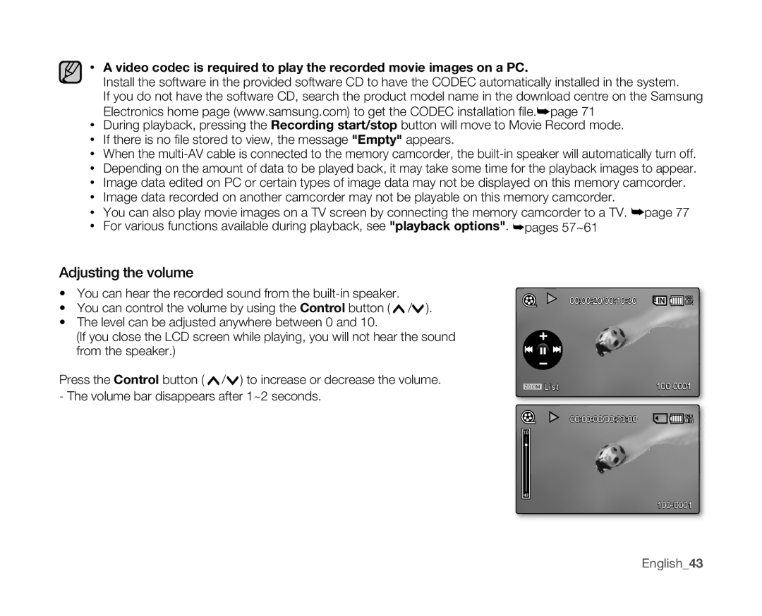 Samsung VP-MX10A/AND, VP-MX10H/XEF, VP-MX10/XEF, VP-MX10AH/XEF, VP-MX10AU/XEF, VP-MX10P/XEF, VP-MX10A/XEE Adjusting the volume 