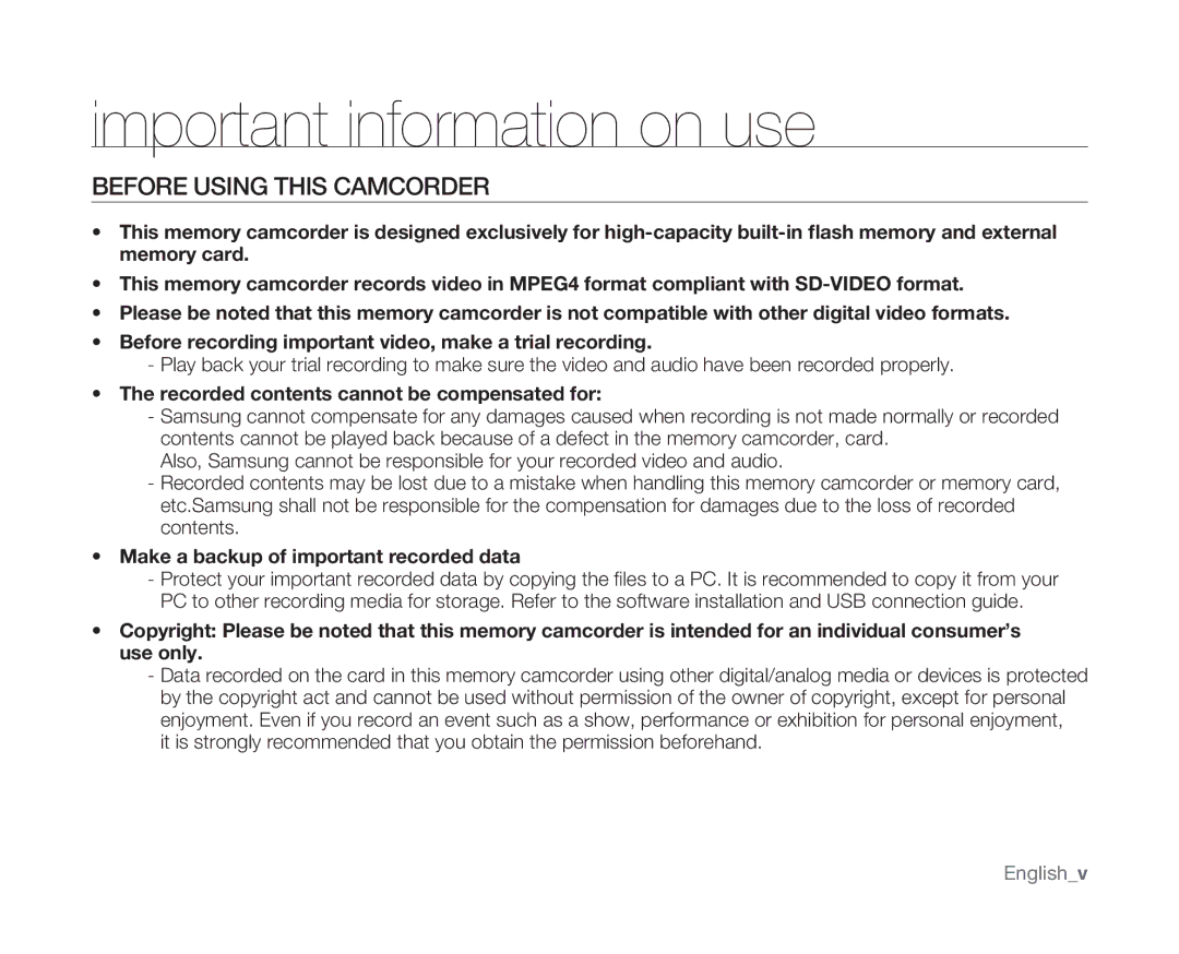 Samsung VP-MX10A/XEE Important information on use, Before Using this Camcorder, Make a backup of important recorded data 