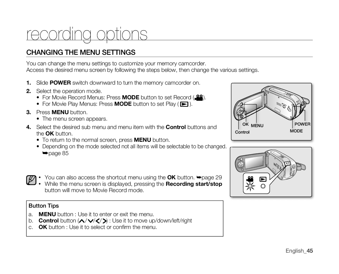 Samsung VP-MX10AU/MEA, VP-MX10H/XEF, VP-MX10/XEF, VP-MX10AH/XEF, VP-MX10AU/XEF Recording options, Changing the Menu Settings 