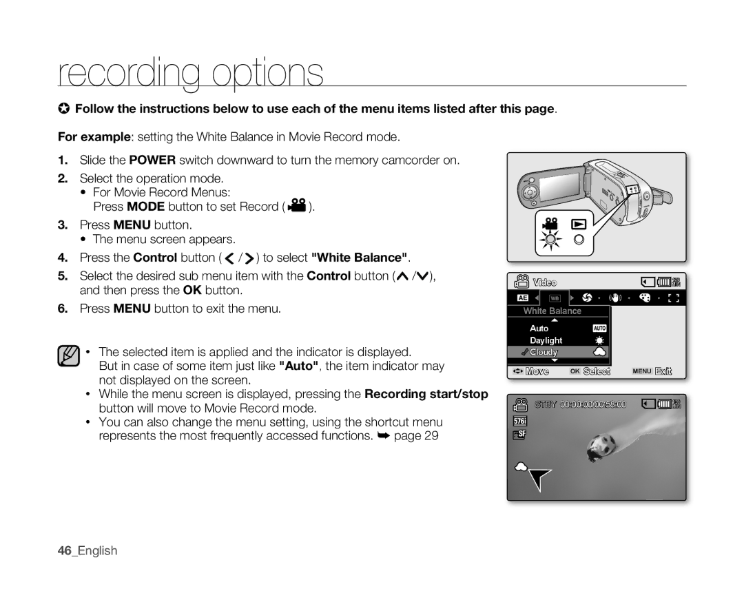 Samsung VP-MX10AU/HAC, VP-MX10H/XEF Forexample setting the White Balance in Movie Record mode, Then press the OK button 