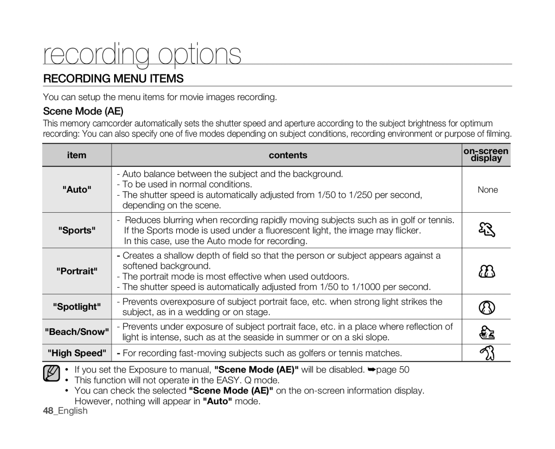 Samsung VP-MX10/KNT, VP-MX10H/XEF, VP-MX10/XEF, VP-MX10AH/XEF, VP-MX10AU/XEF Recording Menu Items, Scene Mode AE, Contents 