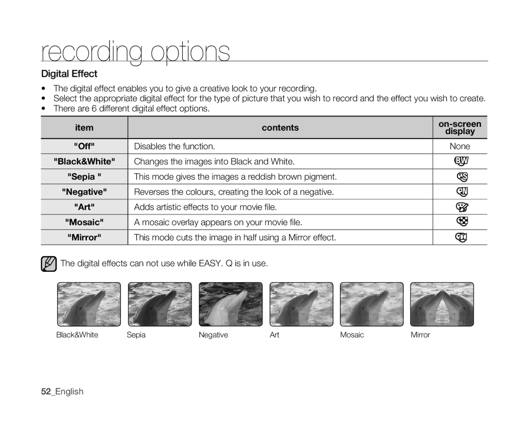 Samsung VP-MX10P/AND, VP-MX10H/XEF, VP-MX10/XEF, VP-MX10AH/XEF, VP-MX10AU/XEF, VP-MX10P/XEF, VP-MX10A/XEE manual Digital Effect 