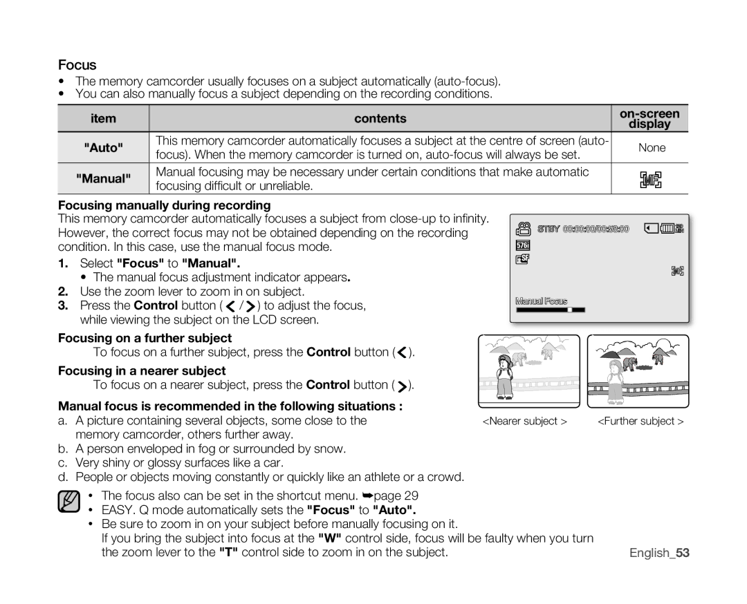 Samsung VP-MX10H/HAC, VP-MX10H/XEF, VP-MX10/XEF Focusing manually during recording, Select Focus to Manual 