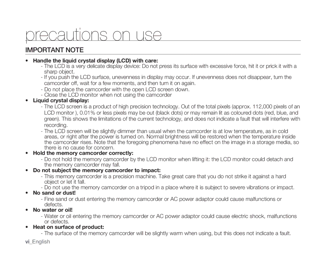 Samsung VP-MX10A/XEF, VP-MX10H/XEF, VP-MX10/XEF, VP-MX10AH/XEF, VP-MX10AU/XEF, VP-MX10P/XEF Precautions on use, Important Note 