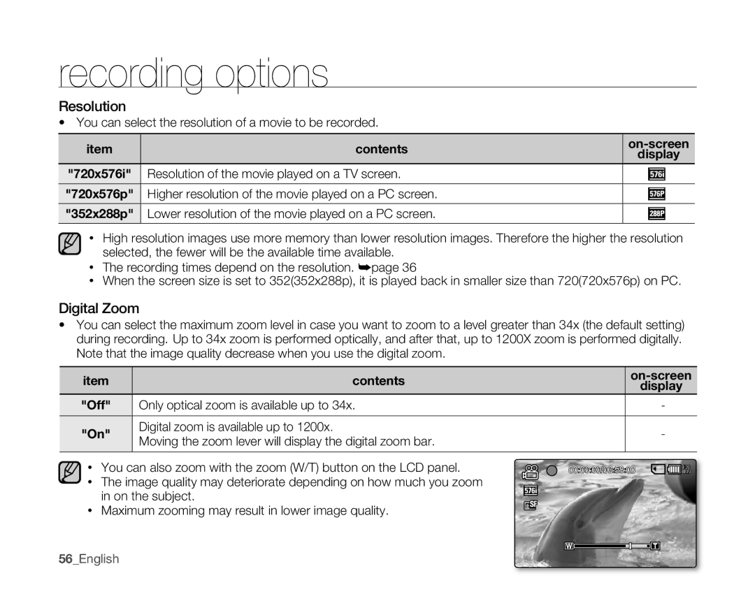 Samsung VP-MX10AH/MEA, VP-MX10H/XEF manual Resolution, Digital Zoom, You can select the resolution of a movie to be recorded 