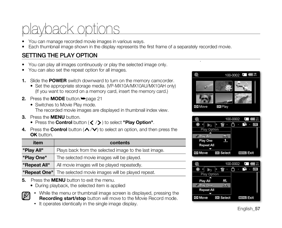 Samsung VP-MX10AU/CAN, VP-MX10H/XEF Playback options, Setting the Play Option, All movie images will be played repeatedly 