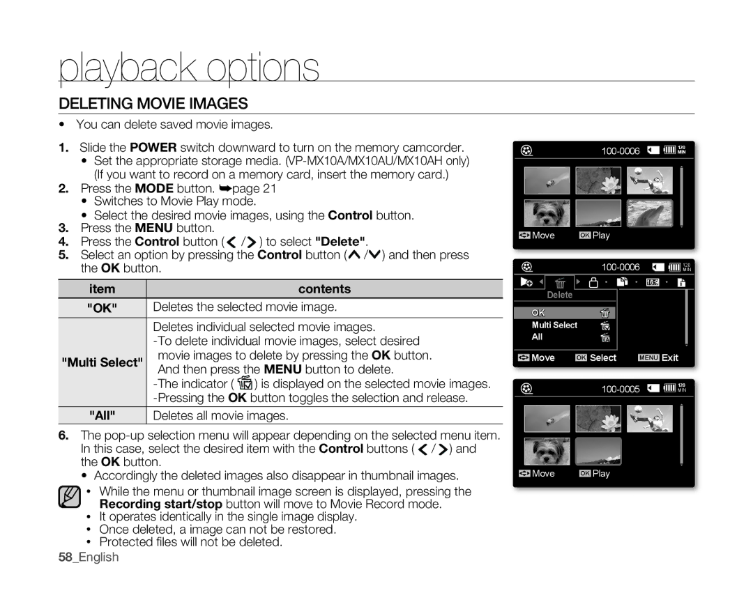 Samsung VP-MX10A/HAC, VP-MX10H/XEF, VP-MX10/XEF, VP-MX10AH/XEF, VP-MX10AU/XEF, VP-MX10P/XEF, VP-MX10A/XEE Deleting Movie Images 