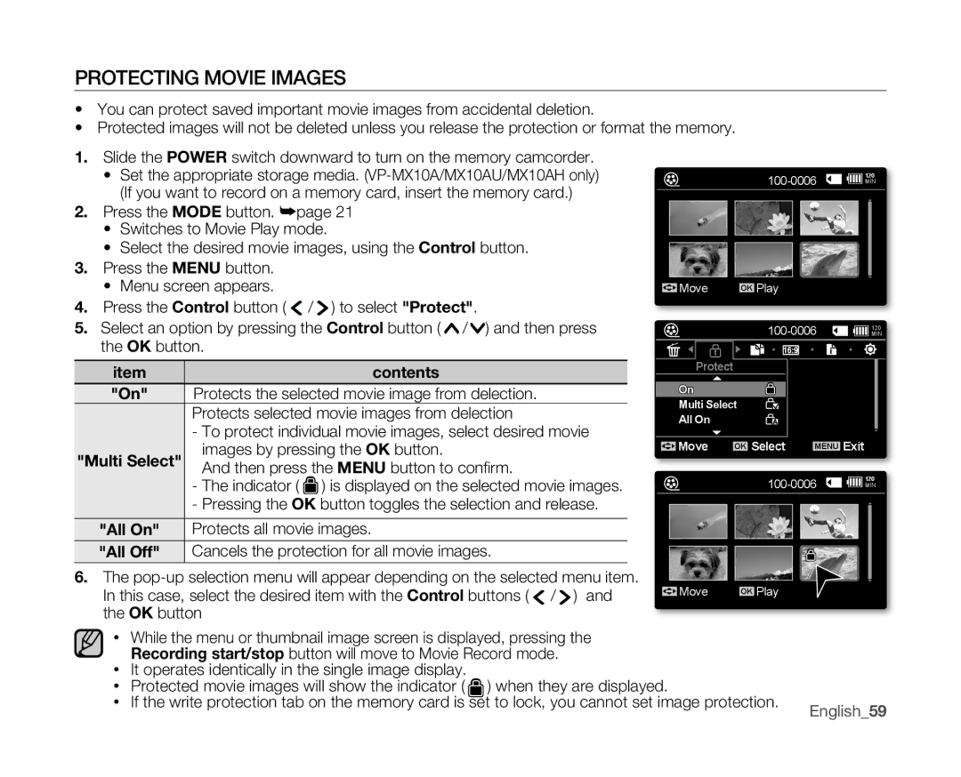 Samsung VP-MX10A/UMG, VP-MX10H/XEF, VP-MX10/XEF, VP-MX10AH/XEF, VP-MX10AU/XEF, VP-MX10P/XEF manual Protecting Movie Images, On 