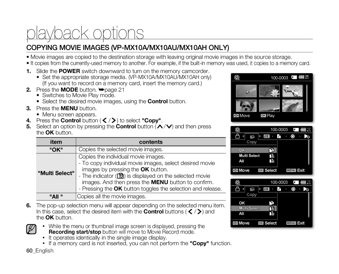 Samsung VP-MX10AH/XEO, VP-MX10H/XEF Copying Movie Images VP-MX10A/MX10AU/MX10AH only, Copies the selected movie images 