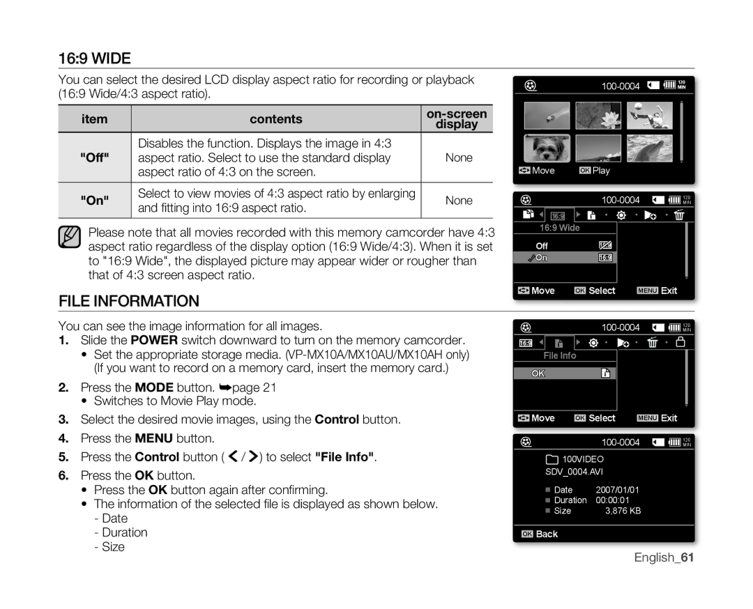 Samsung VP-MX10AU/XEO manual Wide, File Information, Aspect ratio of 43 on the screen, Fi tting into 169 aspect ratio 