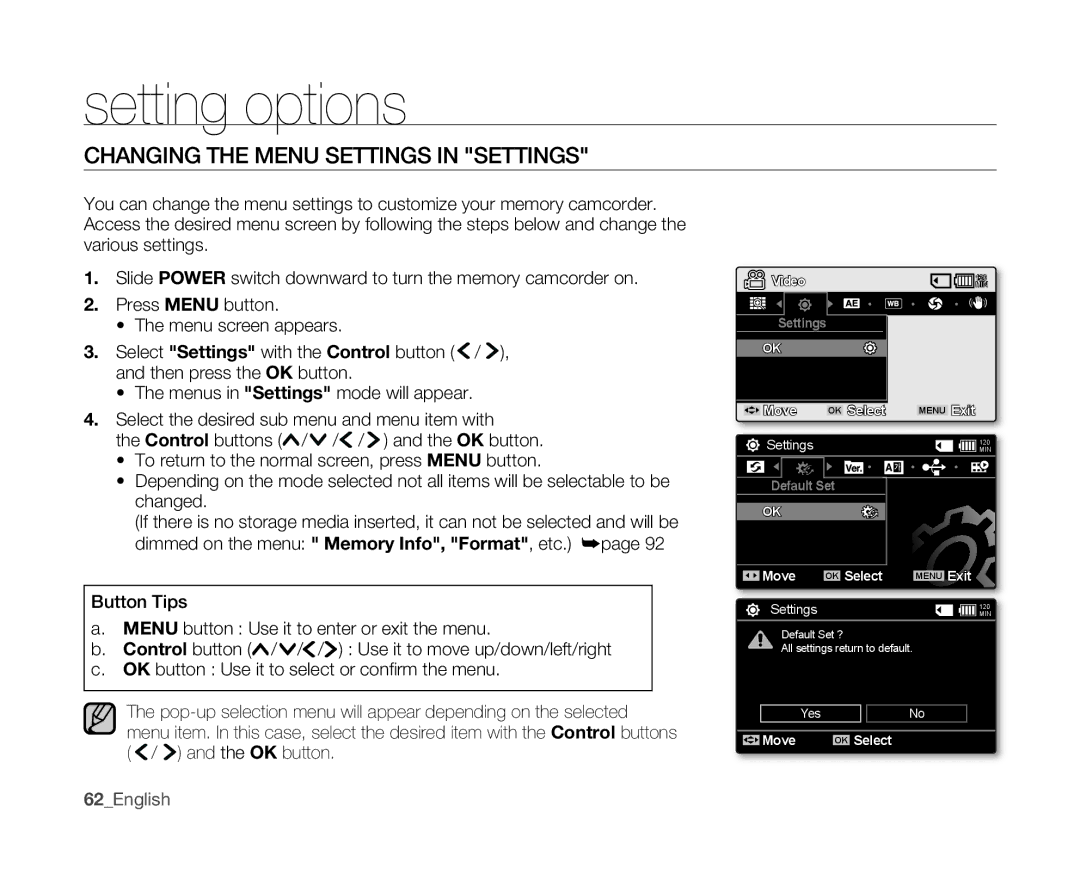 Samsung VP-MX10AH/XEE, VP-MX10H/XEF, VP-MX10/XEF, VP-MX10AH/XEF manual Setting options, Changing the Menu Settings in Settings 