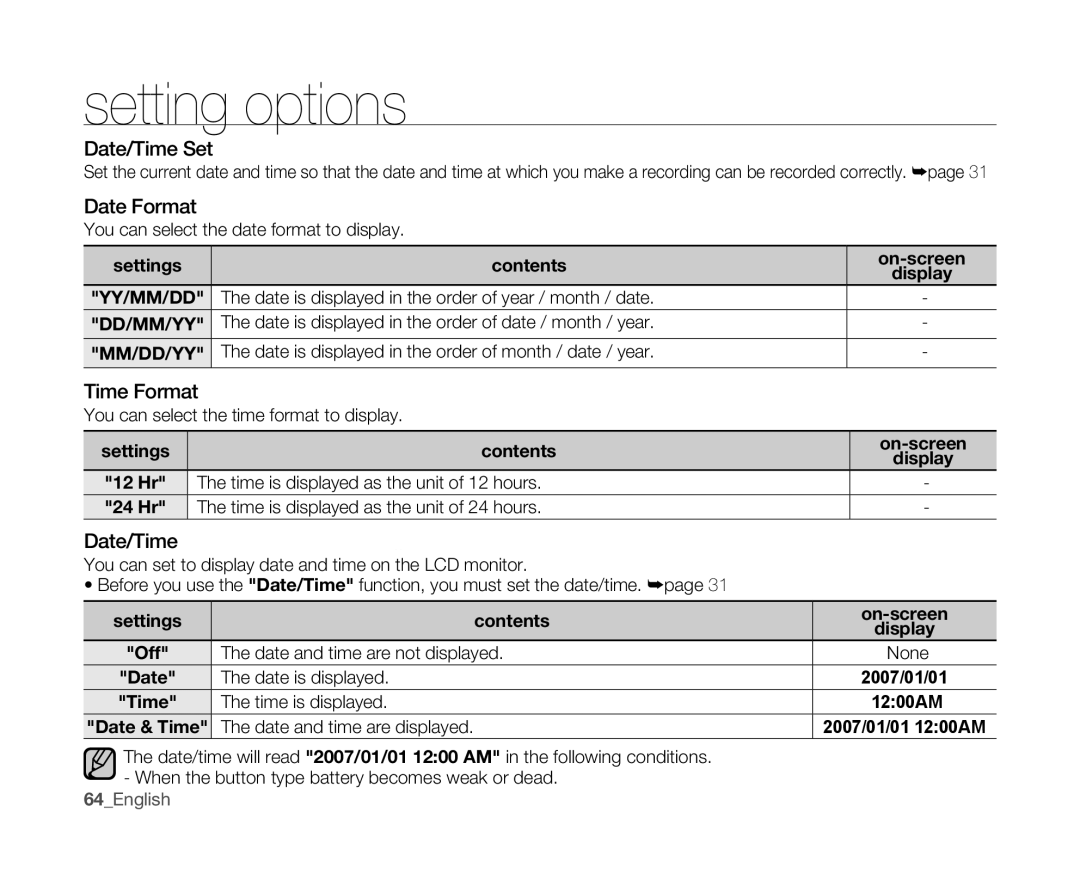 Samsung VP-MX10A/XEK, VP-MX10H/XEF, VP-MX10/XEF, VP-MX10AH/XEF, VP-MX10AU/XEF manual Date/Time Set, Date Format, Time Format 