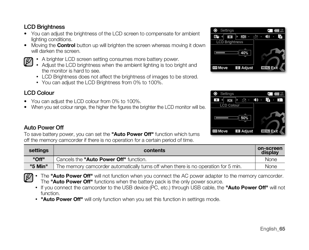 Samsung VP-MX10A/COL, VP-MX10H/XEF, VP-MX10/XEF, VP-MX10AH/XEF LCD Brightness, LCD Colour, Auto Power Off, Settings Contents 