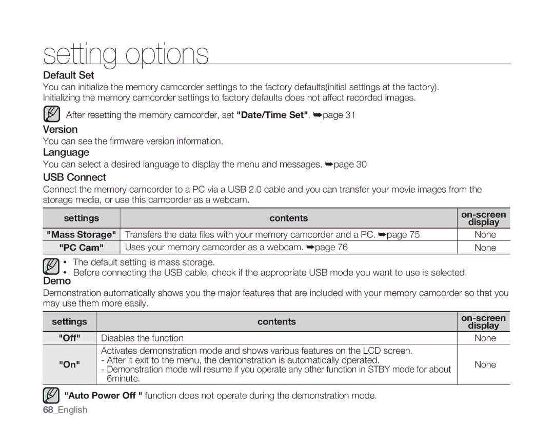 Samsung VP-MX10AH/XEF, VP-MX10H/XEF, VP-MX10/XEF, VP-MX10AU/XEF manual Default Set, Version, Language, USB Connect, Demo 