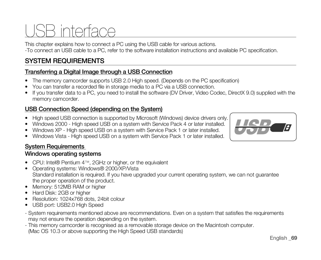 Samsung VP-MX10AU/XEF manual USB interface, System Requirements, Transferring a Digital Image through a USB Connection 