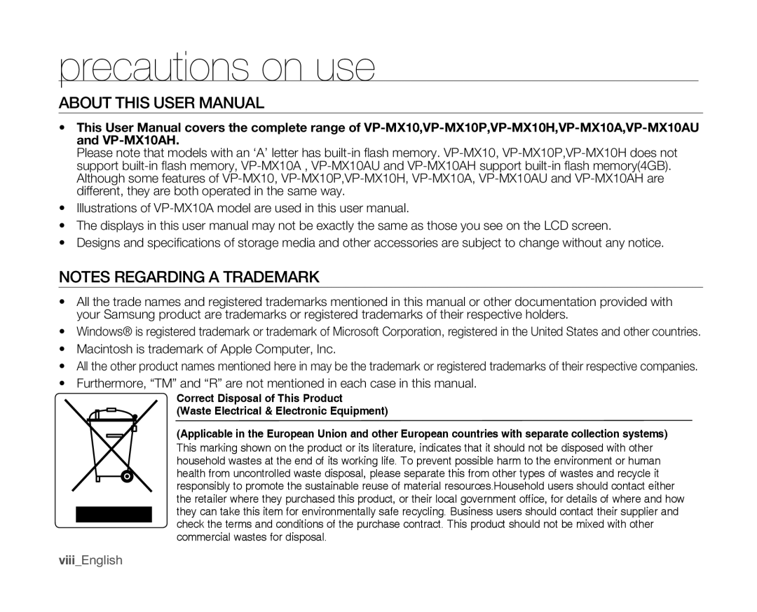 Samsung VP-MX10/XEE, VP-MX10H/XEF, VP-MX10/XEF, VP-MX10AH/XEF, VP-MX10AU/XEF Macintosh is trademark of Apple Computer, Inc 