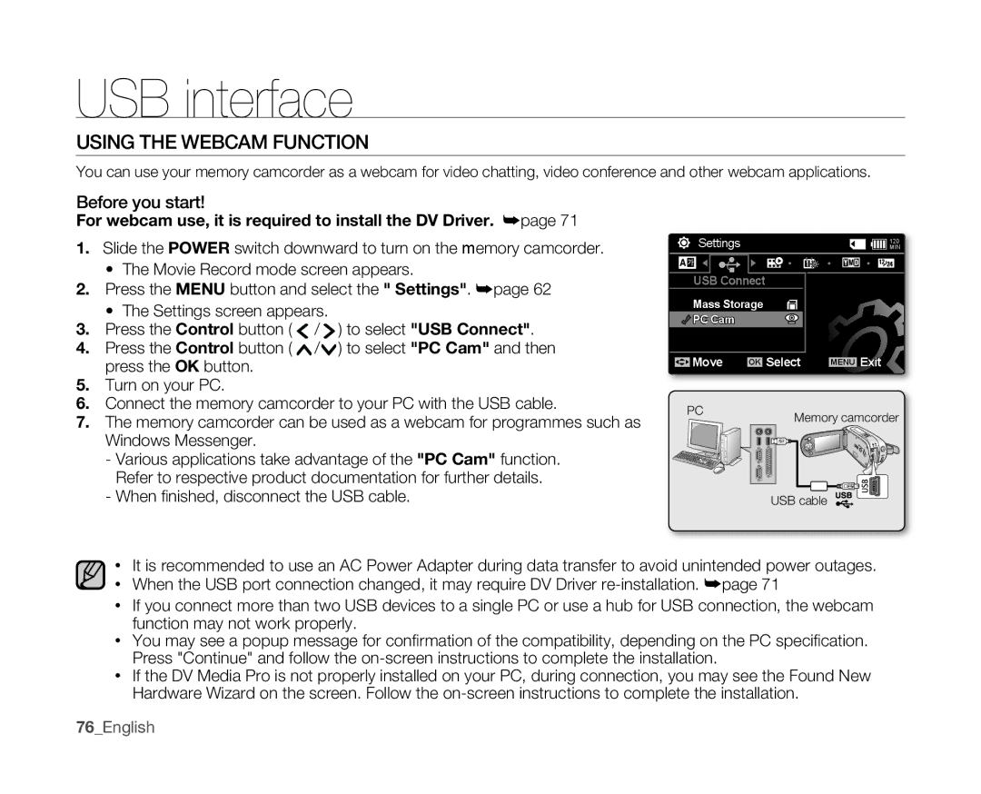 Samsung VP-MX10A/XEO, VP-MX10H/XEF Using the Webcam Function, Before you start, When fi nished, disconnect the USB cable 