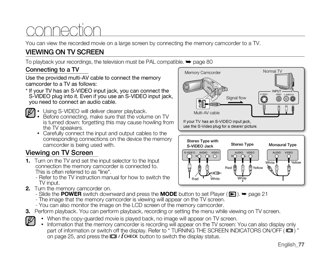 Samsung VP-MX10/UMG, VP-MX10H/XEF, VP-MX10/XEF, VP-MX10AH/XEF manual Connection, Viewing on TV Screen, Connecting to a TV 