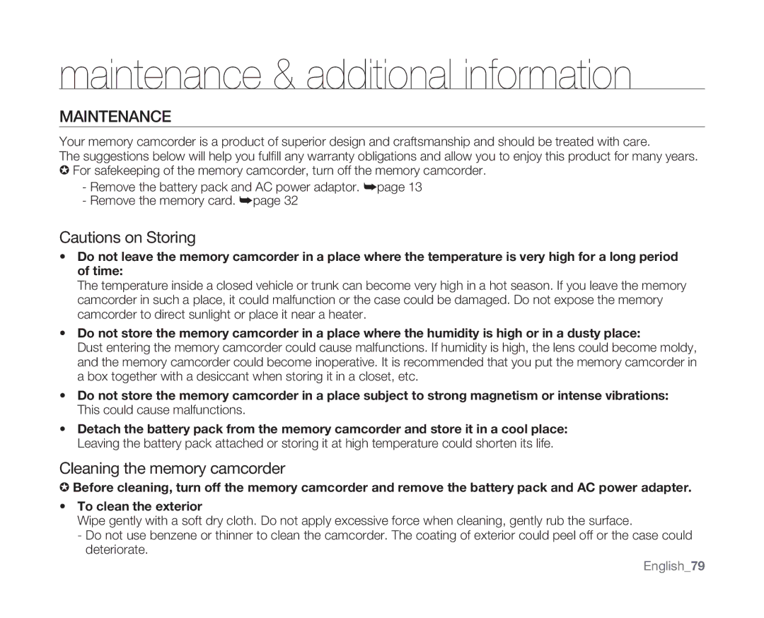 Samsung VP-MX10A/AND, VP-MX10H/XEF, VP-MX10/XEF manual Maintenance & additional information, Cleaning the memory camcorder 