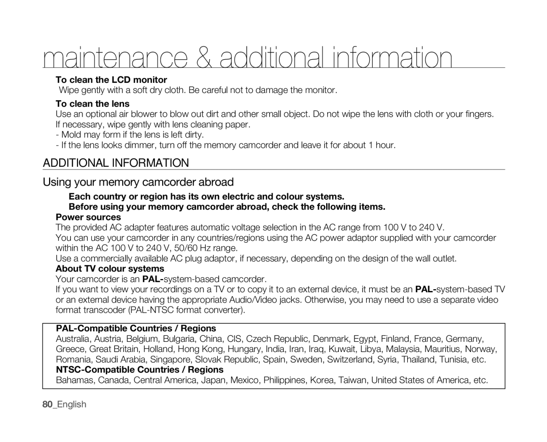 Samsung VP-MX10A/KNT, VP-MX10H/XEF, VP-MX10/XEF, VP-MX10AH/XEF Additional Information, Using your memory camcorder abroad 