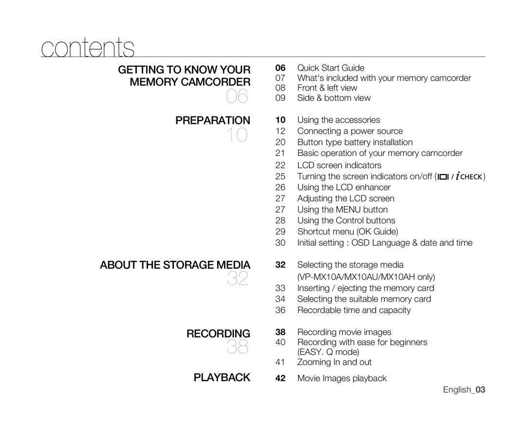 Samsung VP-MX10/CAN, VP-MX10H/XEF, VP-MX10/XEF, VP-MX10AH/XEF, VP-MX10AU/XEF, VP-MX10P/XEF, VP-MX10A/XEE, VP-MX10A/XEF Contents 