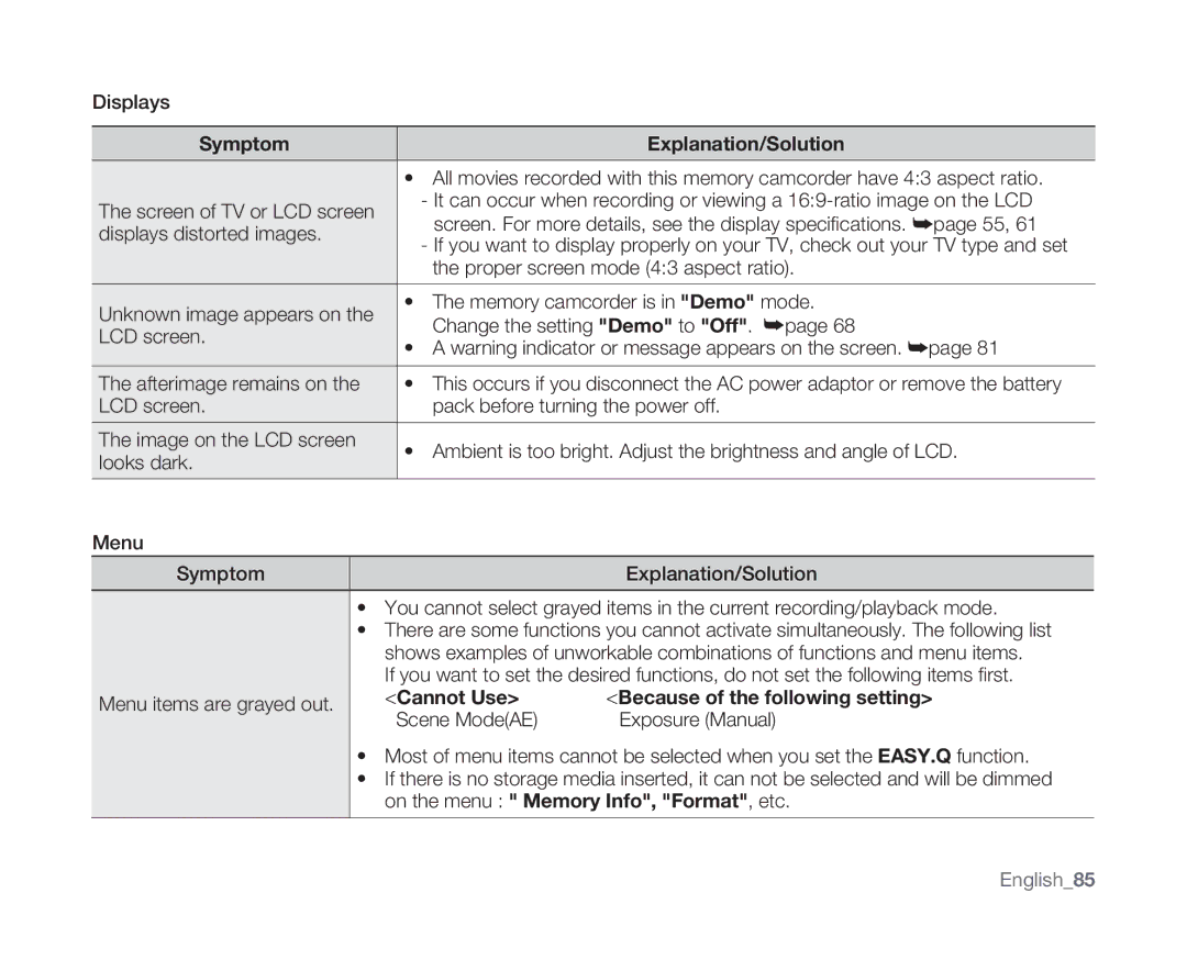 Samsung VP-MX10/MEA, VP-MX10H/XEF, VP-MX10/XEF manual Displays distorted images, Proper screen mode 43 aspect ratio 