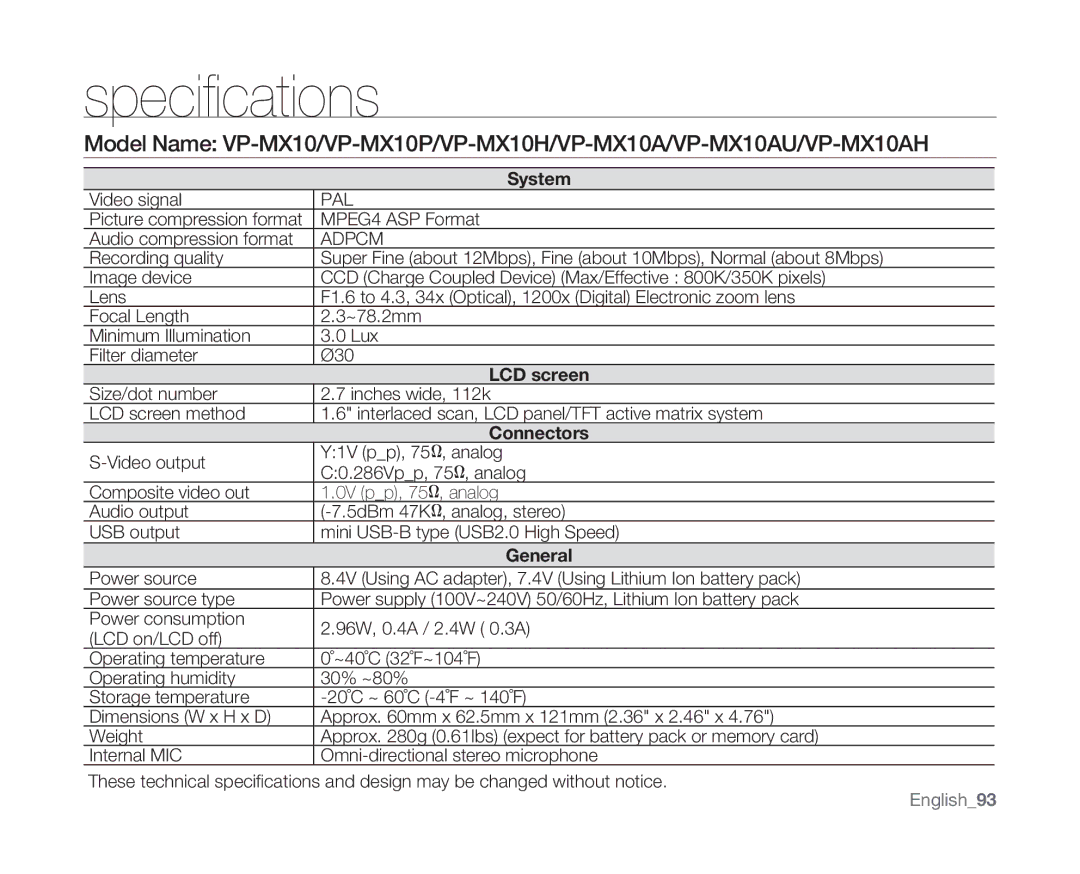 Samsung VP-MX10AU/CAN, VP-MX10H/XEF, VP-MX10/XEF, VP-MX10AH/XEF, VP-MX10AU/XEF, VP-MX10P/XEF manual Specifications, Video signal 