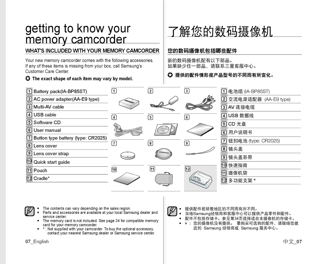 Samsung VP-MX10A/AND, VP-MX10H/XEF, VP-MX10/XEF, VP-MX10AH/XEF, VP-MX10AU/XEF, VP-MX10P/XEF 了解您的数码摄像机, 您的数码摄像机包括哪些配件, 中文07 