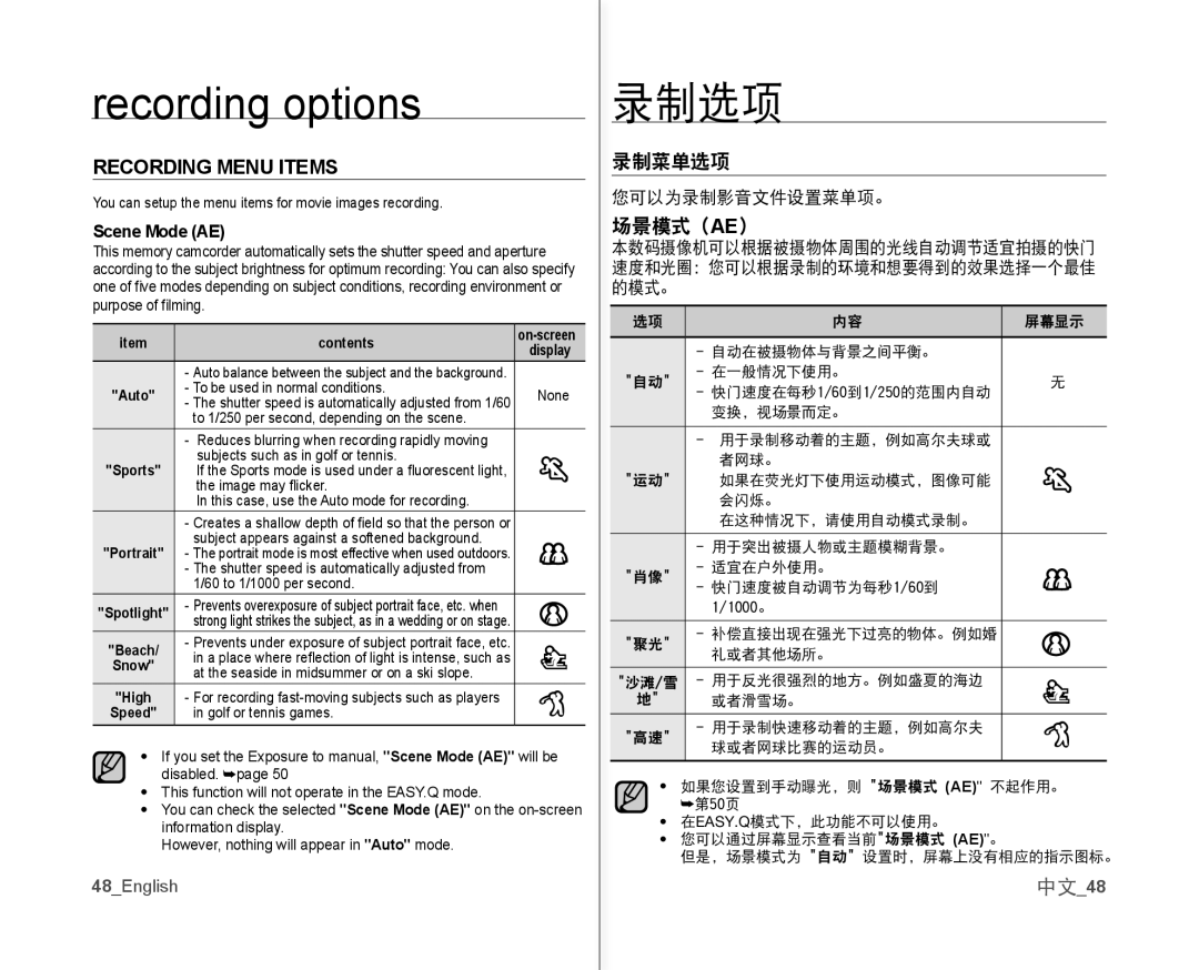 Samsung VP-MX10/KNT, VP-MX10H/XEF, VP-MX10/XEF, VP-MX10AH/XEF Recording Menu Items, 录制菜单选项, 场景模式 Ae, 中文48, Scene Mode AE 