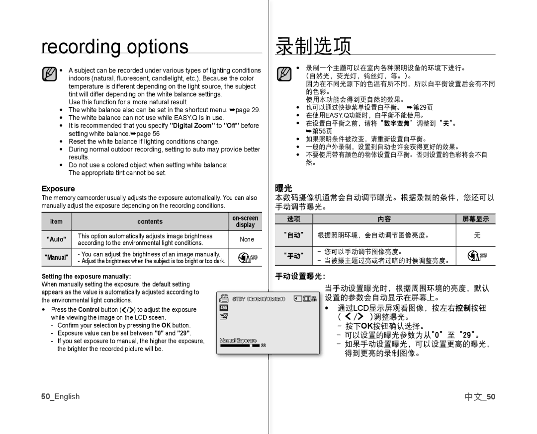 Samsung VP-MX10AH/CAN, VP-MX10H/XEF, VP-MX10/XEF, VP-MX10AH/XEF, VP-MX10AU/XEF, VP-MX10P/XEF, VP-MX10A/XEE manual 中文50, Exposure 