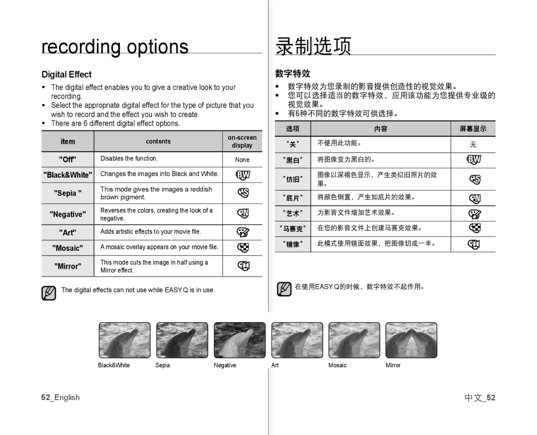 Samsung VP-MX10P/AND, VP-MX10H/XEF manual Digital Effect, 数字特效, 中文52, There are 6 different digital effect options, Art 