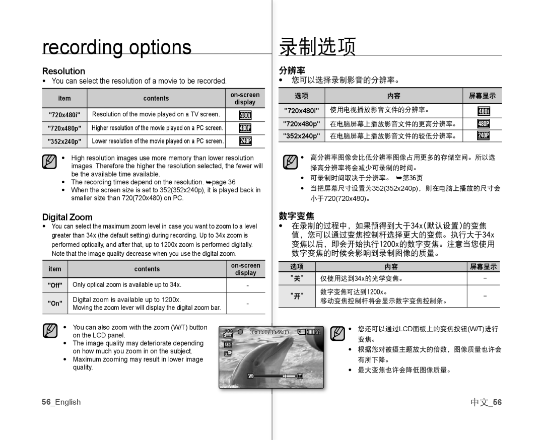 Samsung VP-MX10AH/MEA, VP-MX10H/XEF, VP-MX10/XEF, VP-MX10AH/XEF, VP-MX10AU/XEF, VP-MX10P/XEF 分辨率, Digital Zoom, 数字变焦, 中文56 