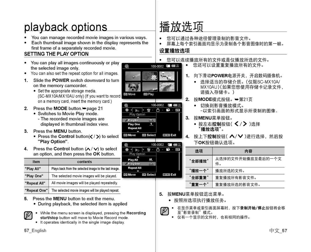 Samsung VP-MX10AU/CAN, VP-MX10H/XEF, VP-MX10/XEF, VP-MX10AH/XEF manual Playback options, 设置播放选项, Setting the Play Option 