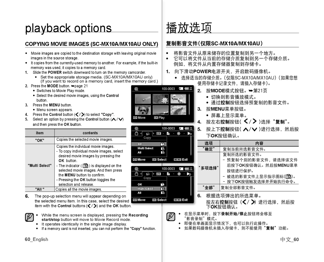 Samsung VP-MX10AH/XEO, VP-MX10H/XEF, VP-MX10/XEF, VP-MX10AH/XEF, VP-MX10AU/XEF, VP-MX10P/XEF 复制影音文件仅限SC-MX10A/MX10AU, 中文60 