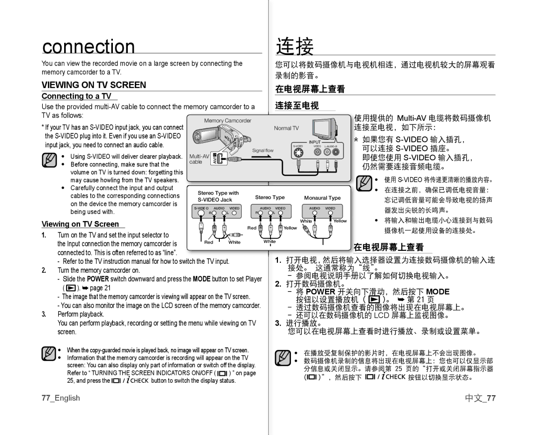 Samsung VP-MX10/UMG, VP-MX10H/XEF, VP-MX10/XEF, VP-MX10AH/XEF manual Connection, Viewing on TV Screen, 在电视屏幕上查看, 连接至电视, 中文77 