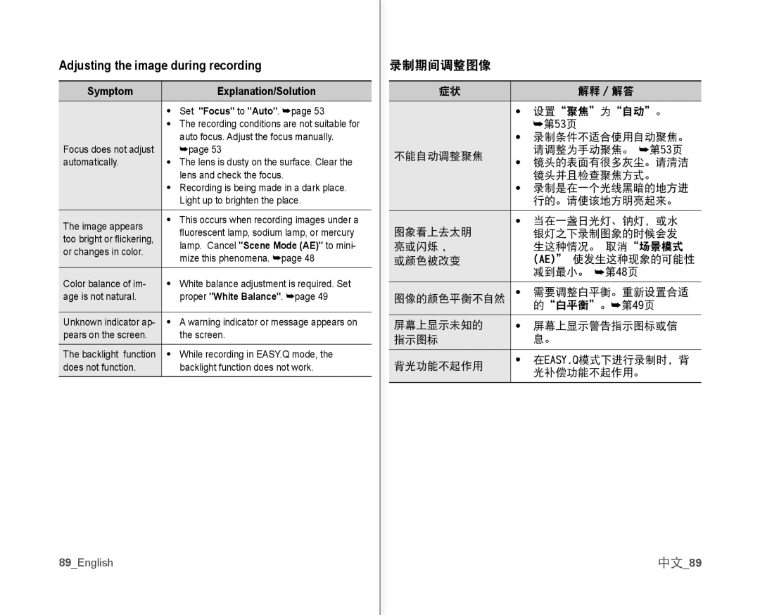 Samsung VP-MX10H/HAC, VP-MX10H/XEF, VP-MX10/XEF, VP-MX10AH/XEF manual Adjusting the image during recording, 录制期间调整图像, 中文89 