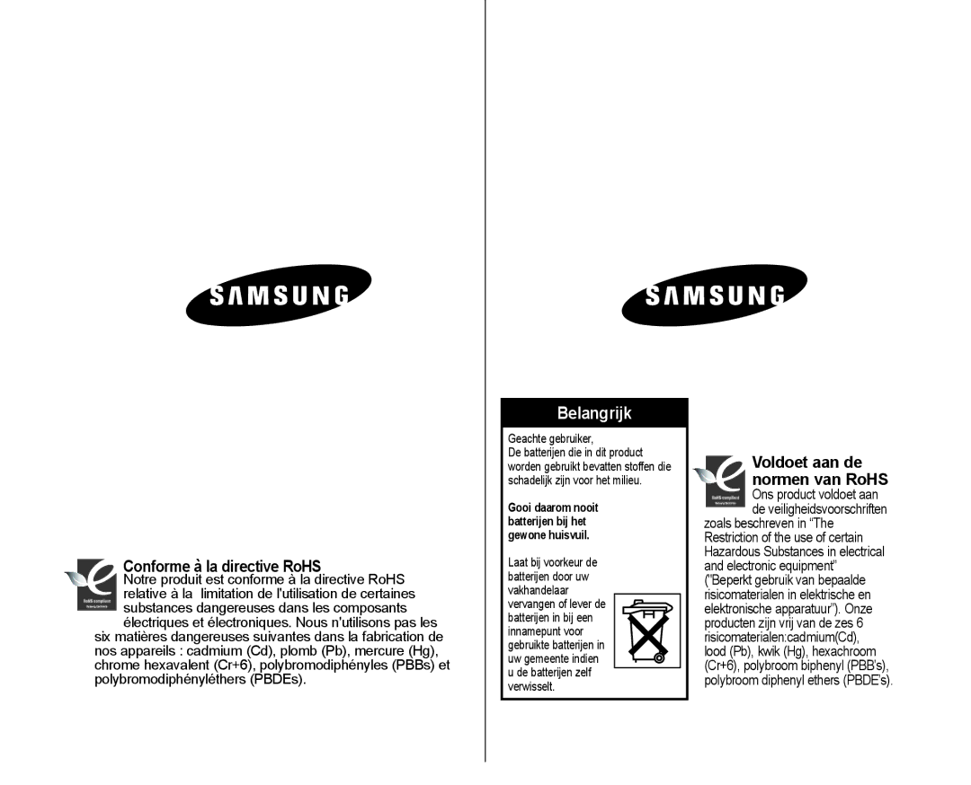 Samsung VP-MX10/XEF, VP-MX10H/XEF manual Conforme à la directive RoHS, Voldoet aan de normen van RoHS, Geachte gebruiker 