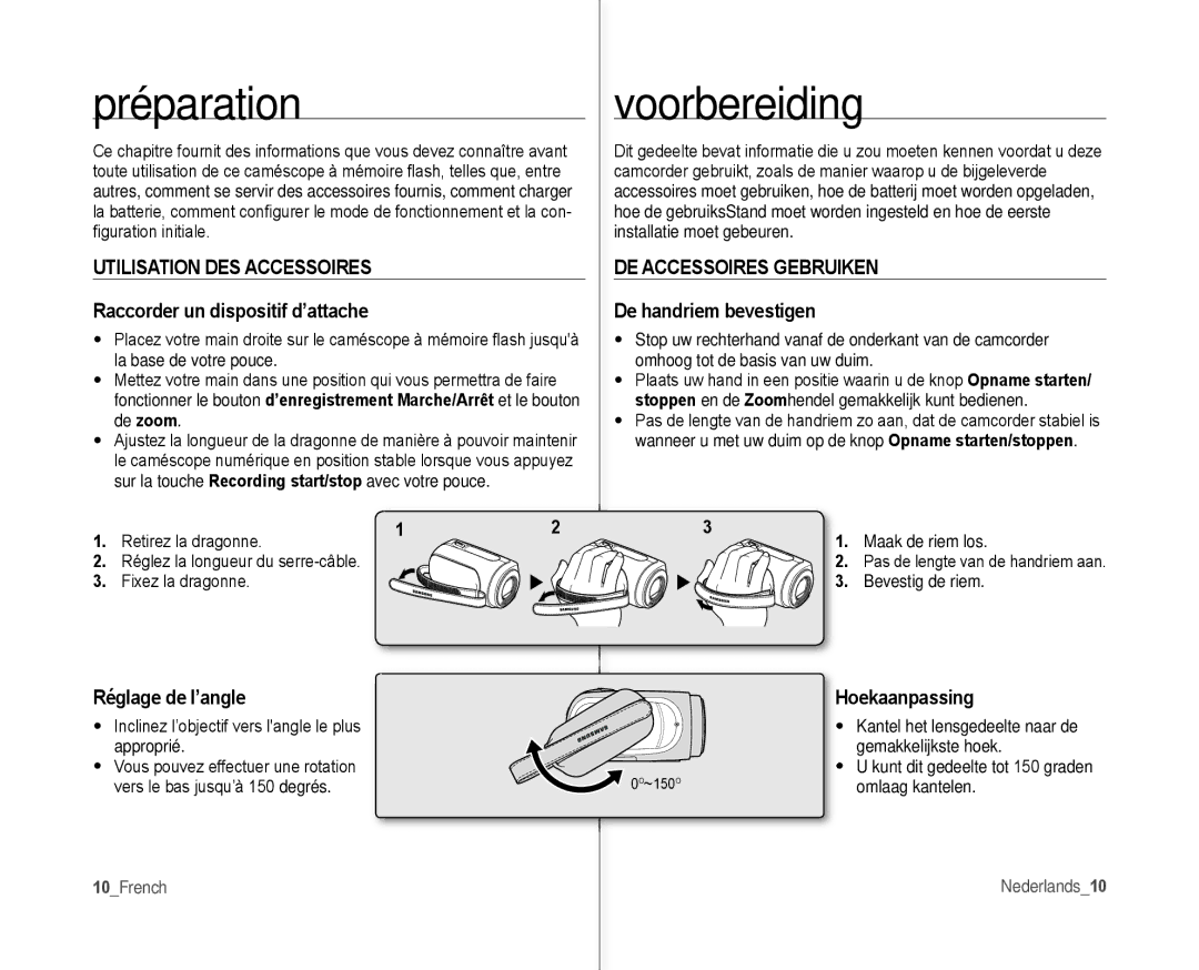 Samsung VP-MX10H/XEF, VP-MX10/XEF Préparation Voorbereiding, DE Accessoires Gebruiken, Réglage de l’angle Hoekaanpassing 