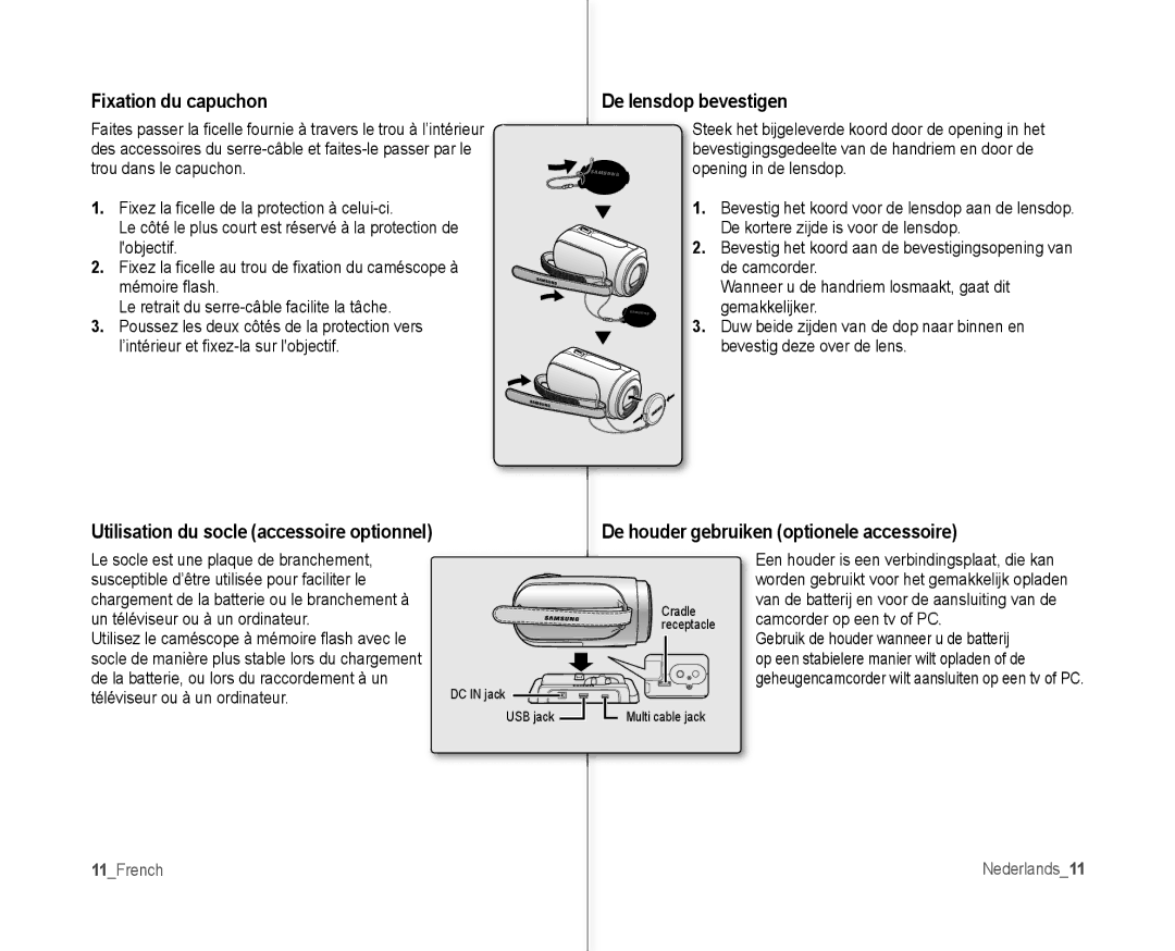 Samsung VP-MX10/XEF, VP-MX10H/XEF Fixation du capuchon De lensdop bevestigen, De houder gebruiken optionele accessoire 