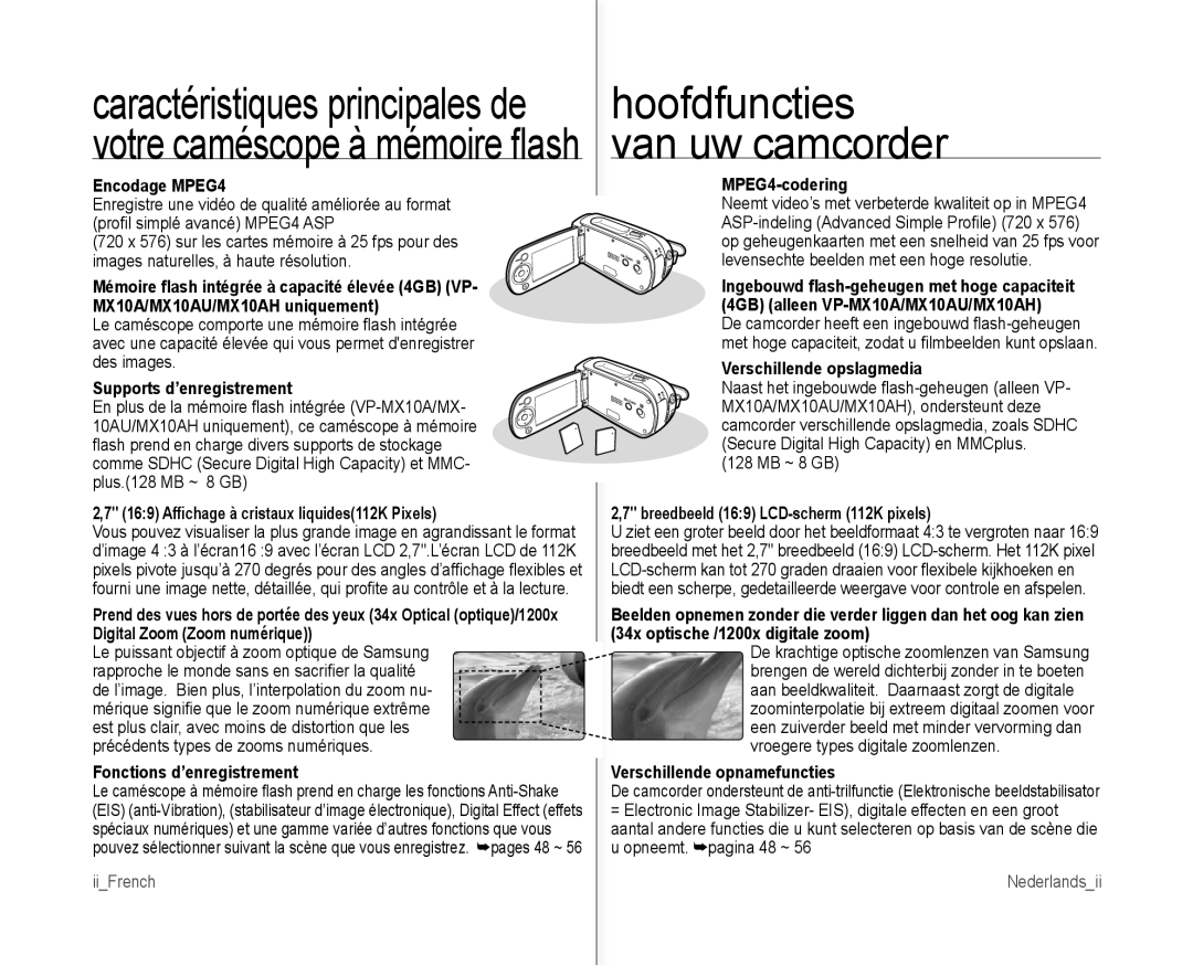 Samsung VP-MX10AH/XEF, VP-MX10H/XEF, VP-MX10/XEF, VP-MX10AU/XEF manual Hoofdfuncties, Van uw camcorder 