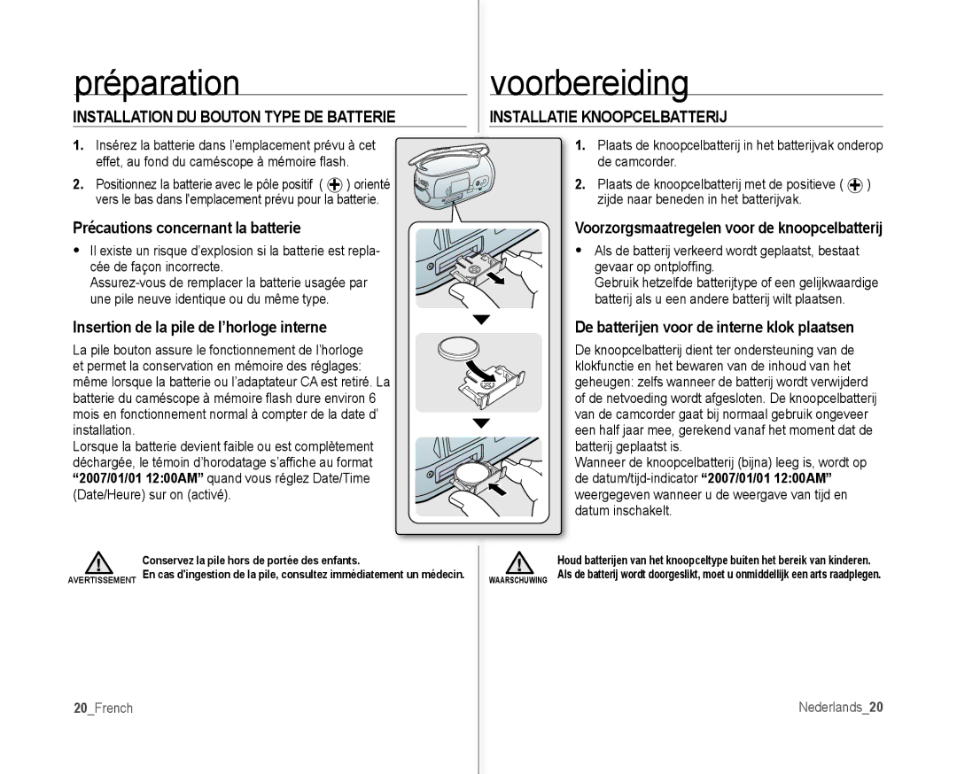 Samsung VP-MX10AH/XEF, VP-MX10H/XEF manual Installation DU Bouton Type DE Batterie, Précautions concernant la batterie 