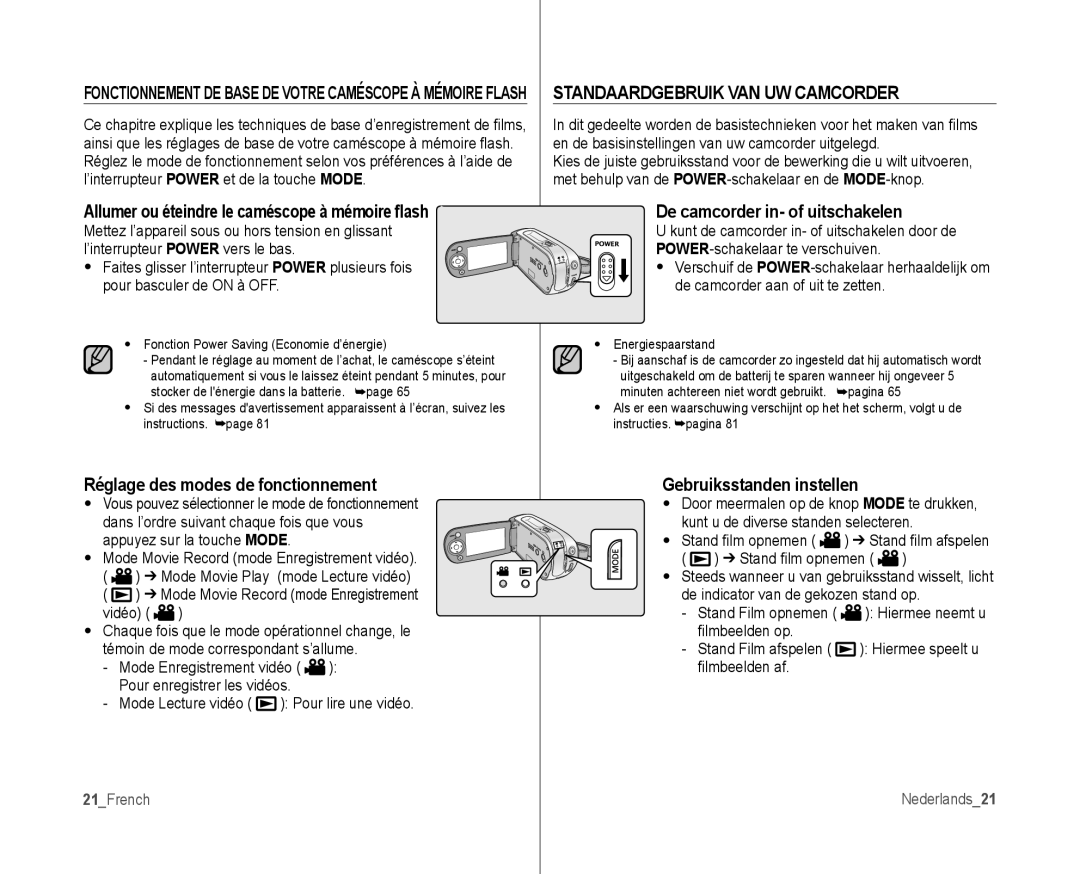 Samsung VP-MX10AU/XEF Réglage des modes de fonctionnement, Standaardgebruik VAN UW Camcorder, Gebruiksstanden instellen 