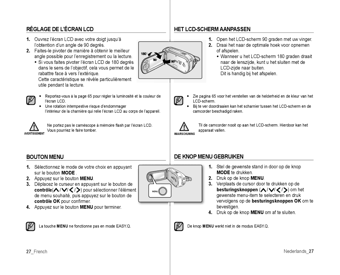 Samsung VP-MX10/XEF, VP-MX10H/XEF Réglage DE L’ÉCRAN LCD, HET LCD-SCHERM Aanpassen, Bouton Menu, DE Knop Menu Gebruiken 