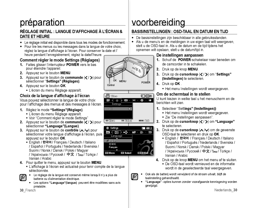 Samsung VP-MX10H/XEF Date ET Heure, Comment régler le mode Settings Réglages, Om Settings, Om de schermtaal in te stellen 