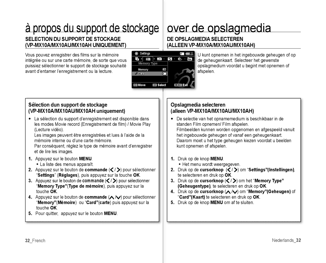 Samsung VP-MX10AH/XEF, VP-MX10H/XEF manual Over de opslagmedia, Selection DU Support DE Stockage DE Opslagmedia Selecteren 