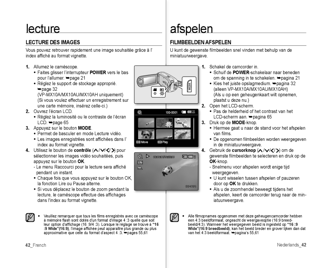 Samsung VP-MX10H/XEF, VP-MX10/XEF, VP-MX10AH/XEF, VP-MX10AU/XEF manual Lecture DES Images Filmbeelden Afspelen, 42French 