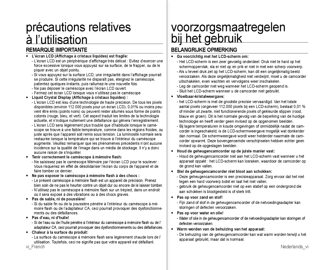 Samsung VP-MX10AH/XEF, VP-MX10H/XEF, VP-MX10/XEF, VP-MX10AU/XEF Remarque Importante, Belangrijke Opmerking, Nederlandsvi 