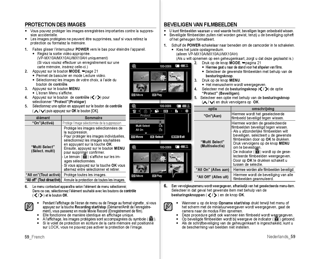 Samsung VP-MX10/XEF, VP-MX10H/XEF, VP-MX10AH/XEF, VP-MX10AU/XEF manual Beveiligen VAN Filmbeelden, 59French Nederlands59 